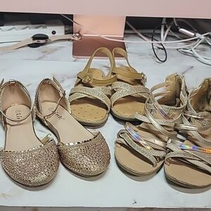 3 pairs of Girls Sandals Gold, Copper and tan size 12 & 13